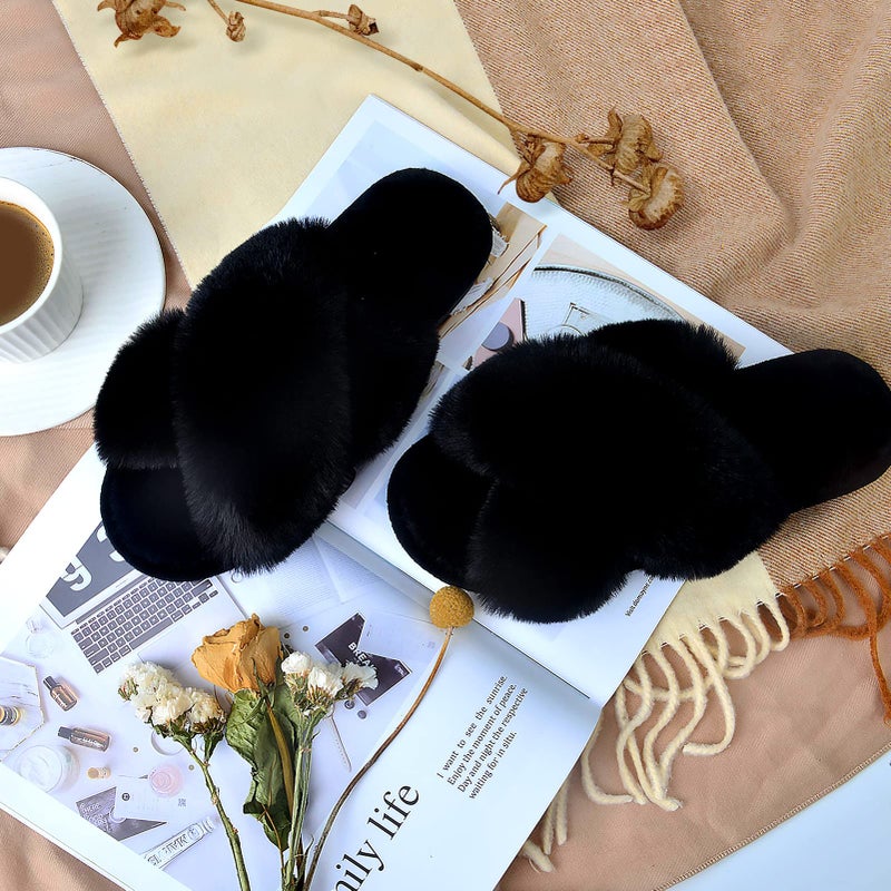 Parlovable Women's Cross Band Slippers Fuzzy Soft House Slippers Plush Furry Warm Cozy Open Toe Fluffy Home Shoes Comfy Indoor Outdoor Slip On Breathable Black 7-8 - Image 2